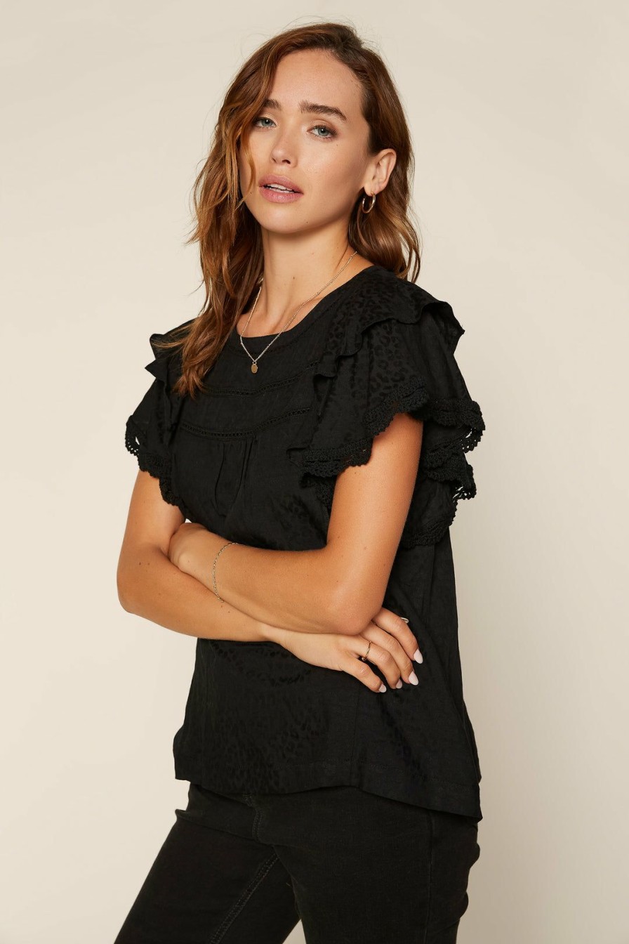 Clothing Skies Are Blue | Skies Are Blue Lace Trim Ruffled Top Black