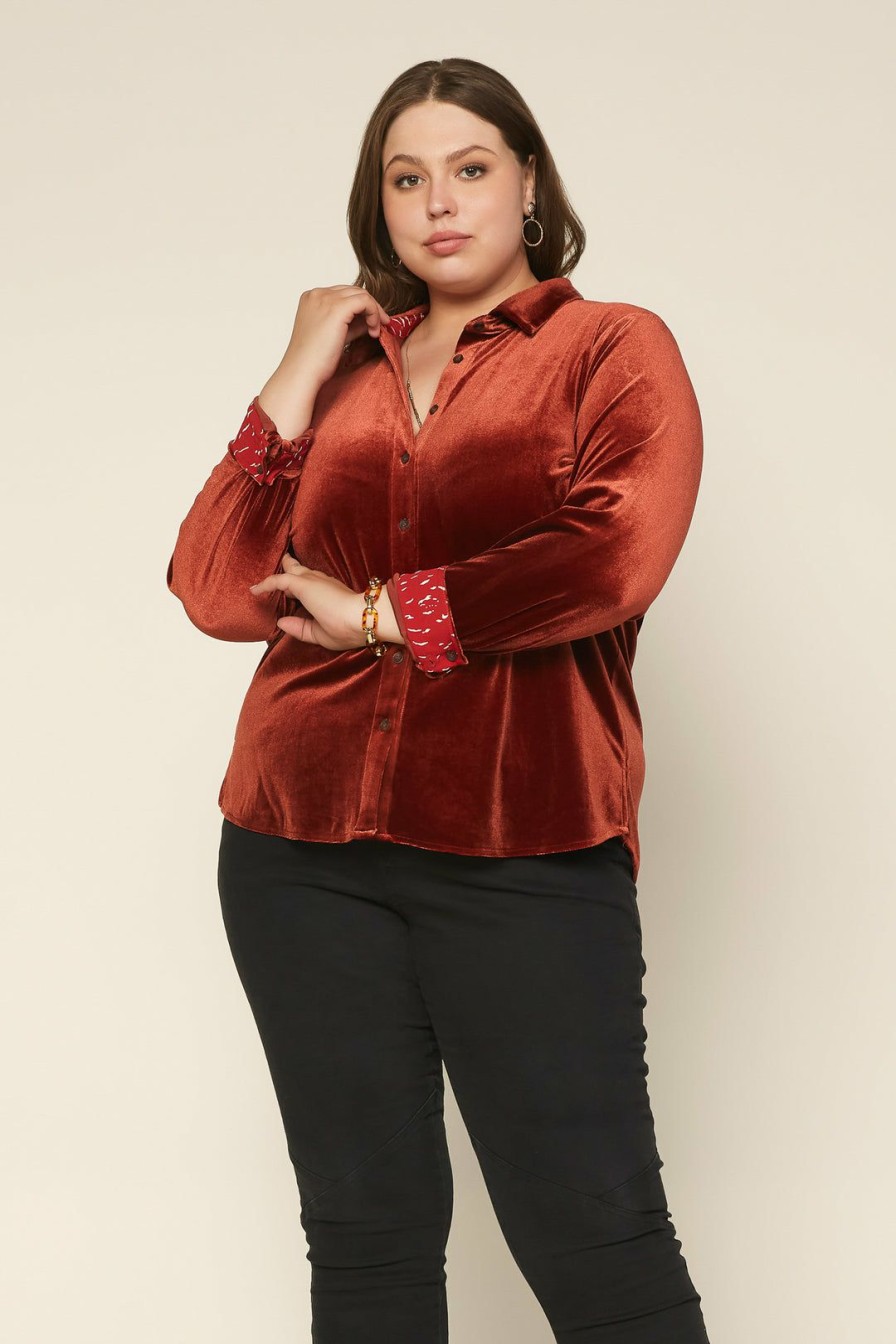 Plus Size Skies Are Blue | Skies Are Blue Plus Size Velvet Button Down Top Clothing Rust