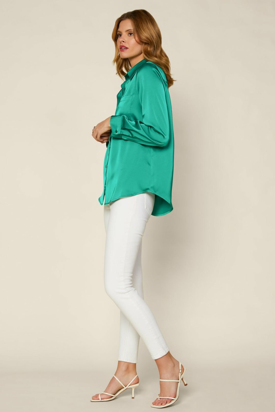 Clothing Skies Are Blue | Skies Are Blue Satin Button Down Shirt Kelly-Green