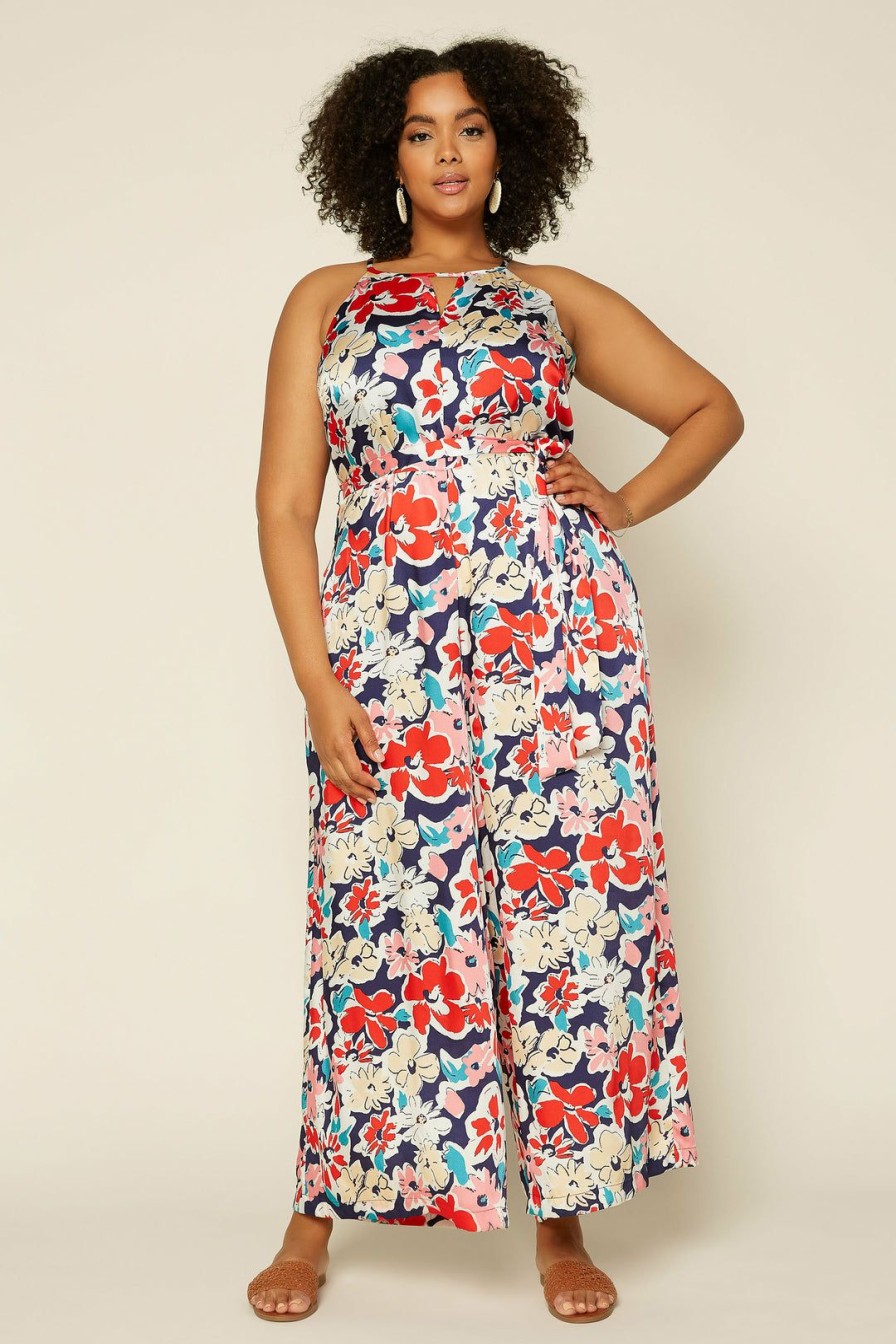 Clothing Skies Are Blue | Skies Are Blue Plus Size Floral Wide Leg Jumpsuit Navy-Red Floral