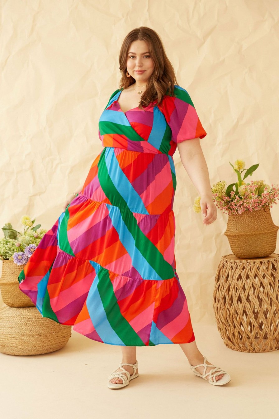 Plus Size Skies Are Blue | Skies Are Blue Plus Size Iliana Multicolor Tiered Dress Rainbow Stripe