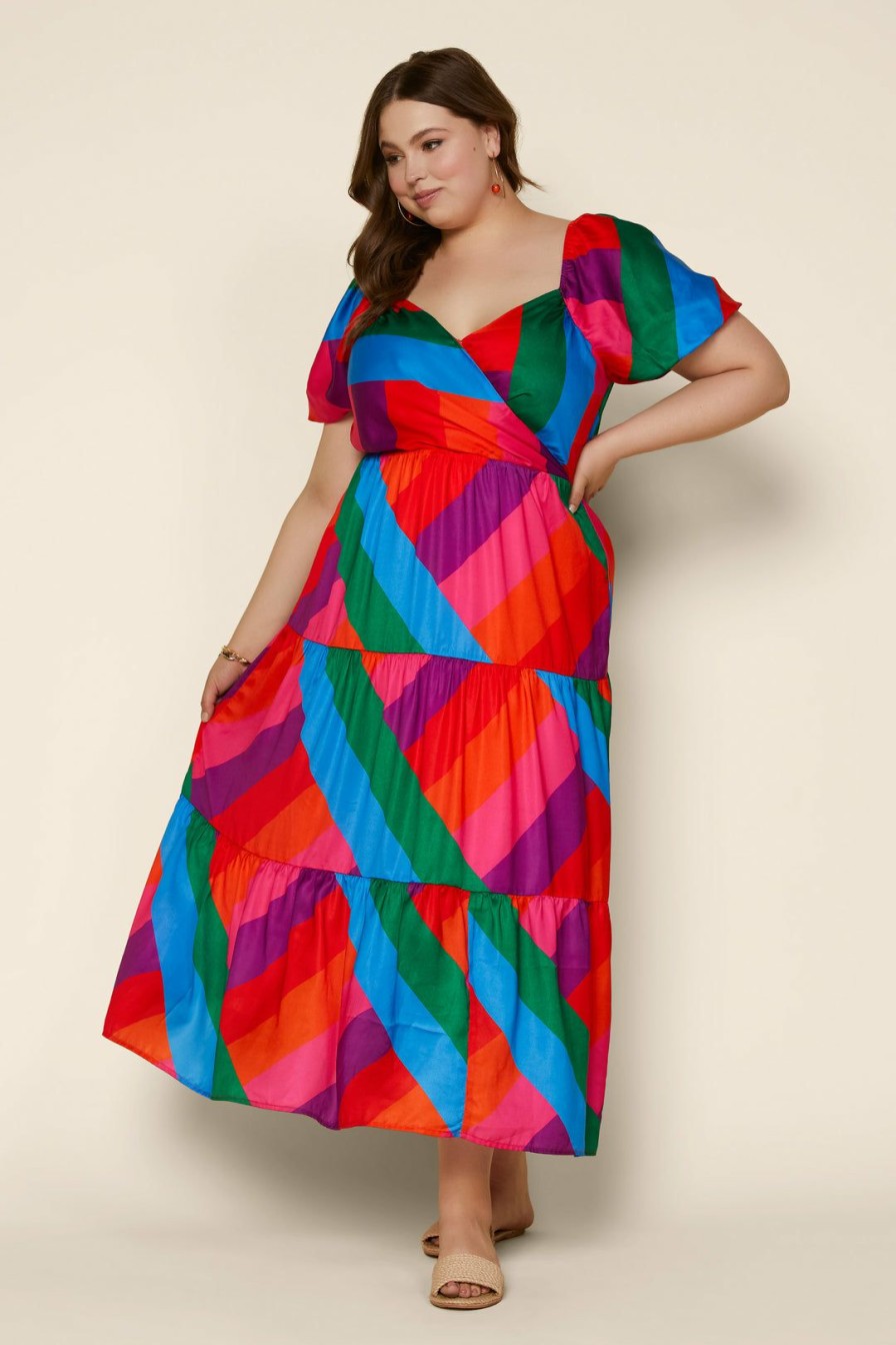 Plus Size Skies Are Blue | Skies Are Blue Plus Size Iliana Multicolor Tiered Dress Rainbow Stripe