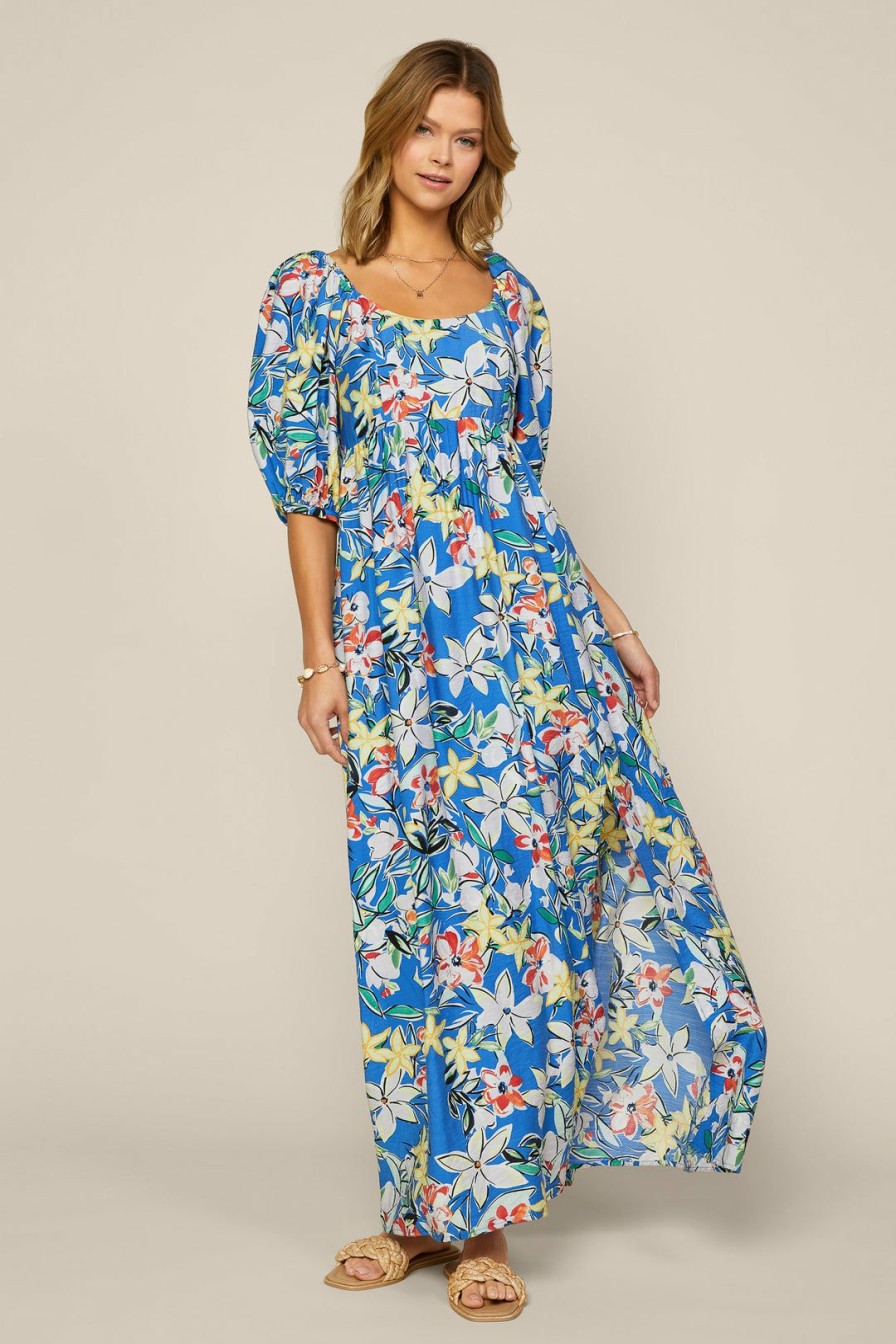 Clothing Skies Are Blue | Skies Are Blue Floral Print Puff Sleeve Dress New In Clothing Blue-White Floral