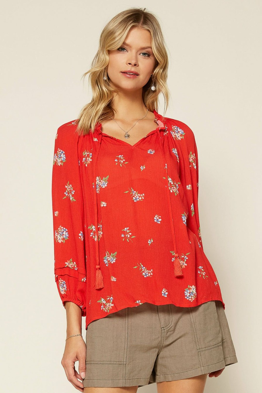 Clothing Skies Are Blue | Skies Are Blue Clothing Floral Long Sleeve Blouse Coral Red