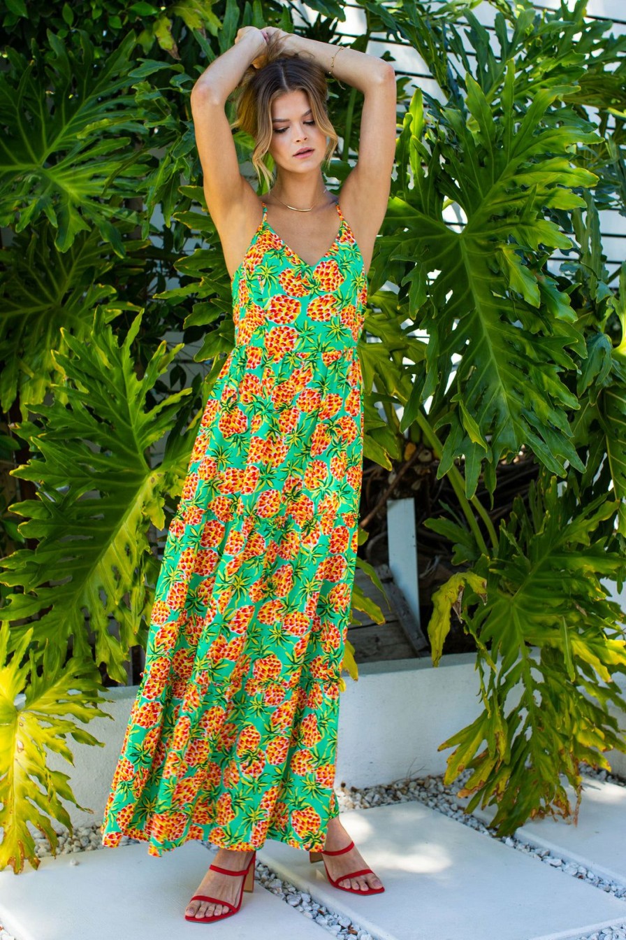 Clothing Skies Are Blue | Skies Are Blue New In Clothing Tropical Print Maxi Dress Green Orange