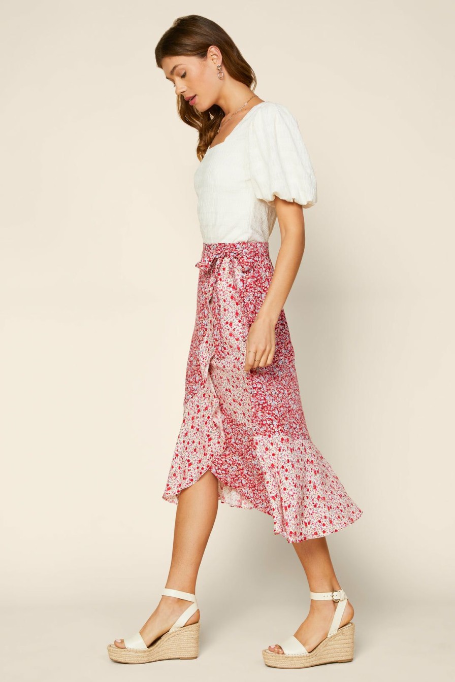 Clothing Skies Are Blue | Skies Are Blue Floral Ruffled Midi Skirt Fiery Red Floral