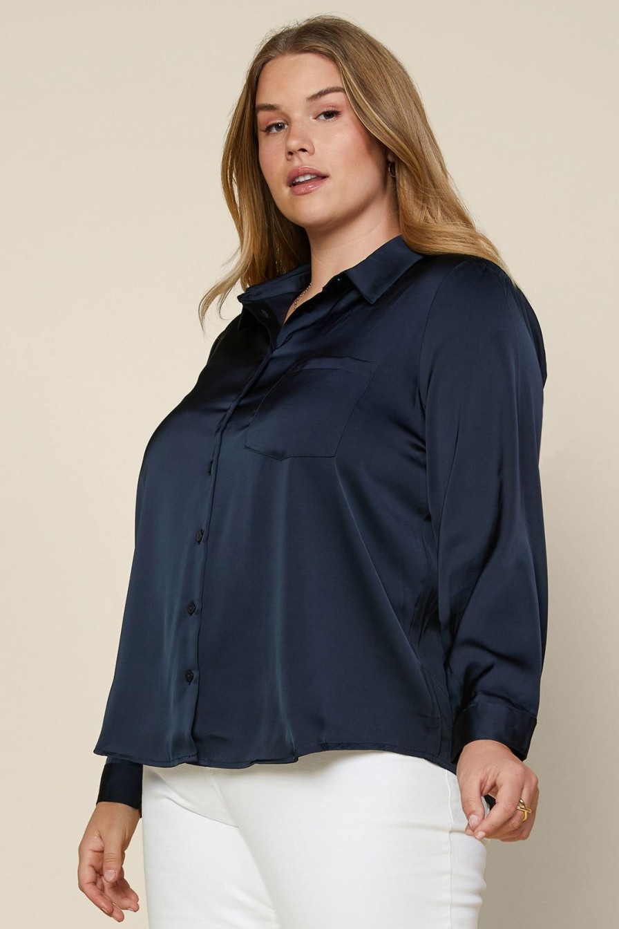 Plus Size Skies Are Blue | Skies Are Blue Plus Size Satin Button Down Shirt Clothing Navy