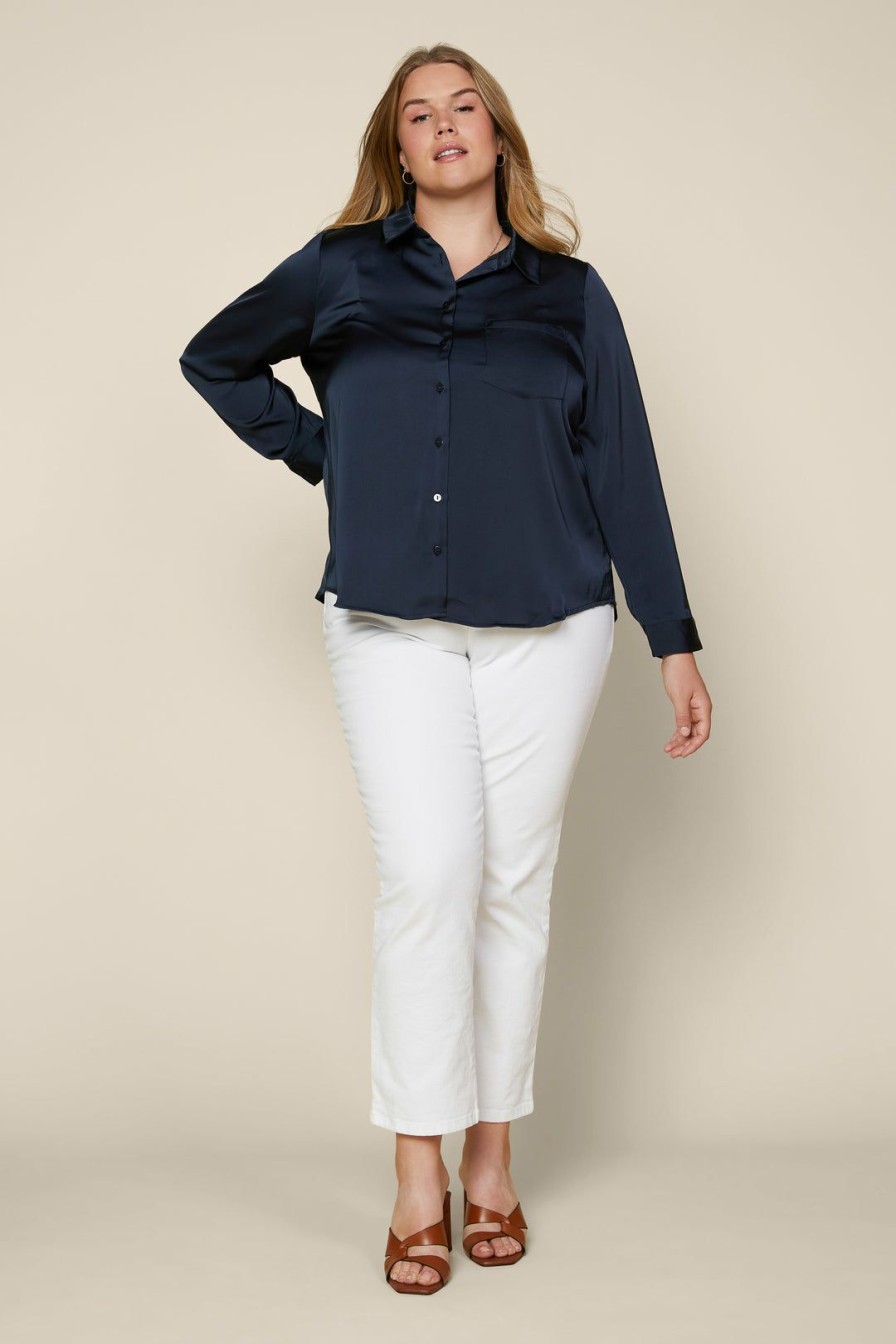 Plus Size Skies Are Blue | Skies Are Blue Plus Size Satin Button Down Shirt Clothing Navy