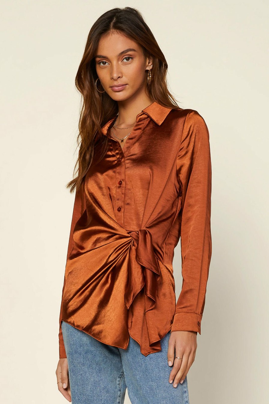 Clothing Skies Are Blue | Skies Are Blue Front Tie Satin Top Rust