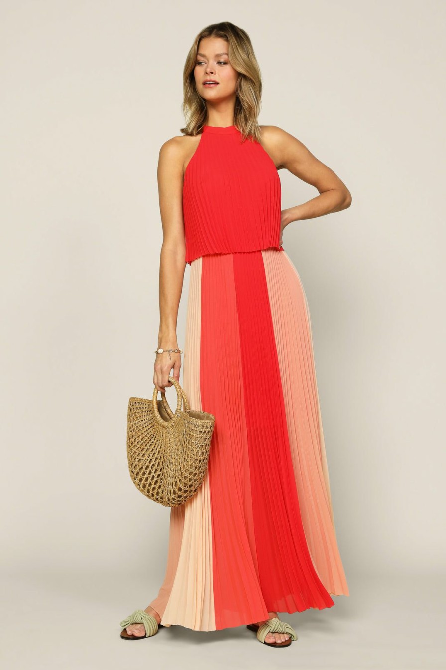 Clothing Skies Are Blue | Skies Are Blue Halter Pleated Maxi Dress New In Clothing Peach-Orange