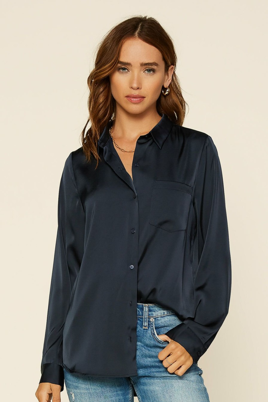 Clothing Skies Are Blue | Skies Are Blue Satin Button Down Shirt Navy