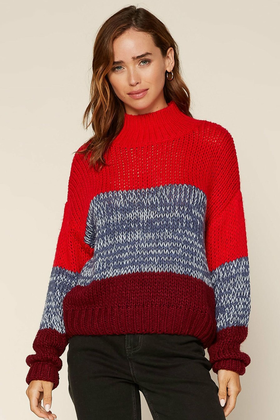 Clothing Skies Are Blue | Skies Are Blue Colorblock Mock Neck Sweater Clothing Burgundy-Blue