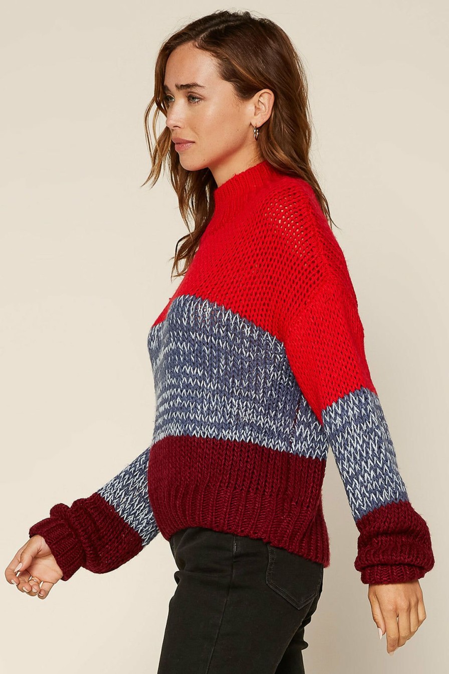 Clothing Skies Are Blue | Skies Are Blue Colorblock Mock Neck Sweater Clothing Burgundy-Blue