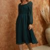 Clothing Skies Are Blue | Skies Are Blue Clothing Jacquard Smocked Midi Dress Hunter Green