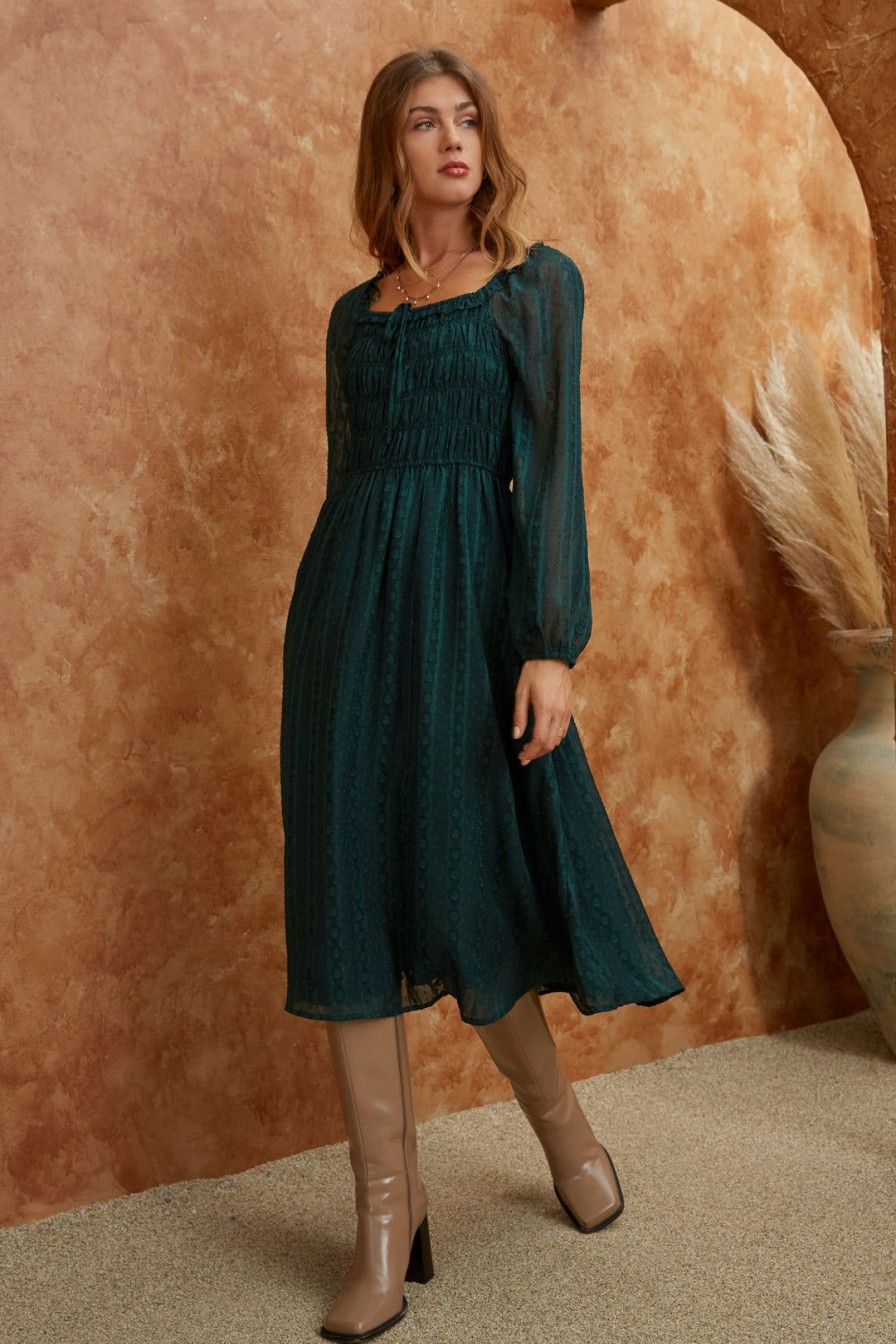 Clothing Skies Are Blue | Skies Are Blue Clothing Jacquard Smocked Midi Dress Hunter Green