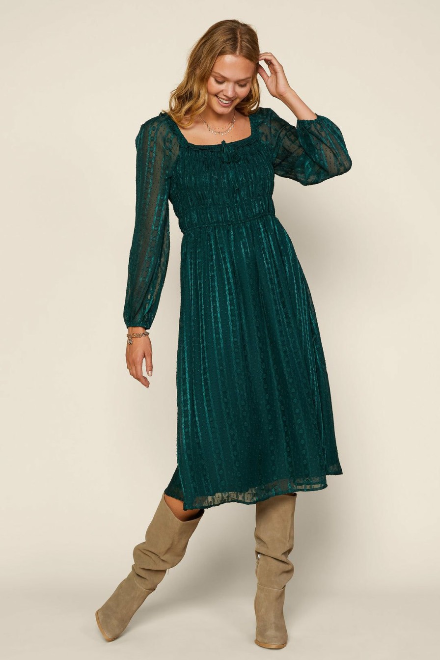 Clothing Skies Are Blue | Skies Are Blue Clothing Jacquard Smocked Midi Dress Hunter Green