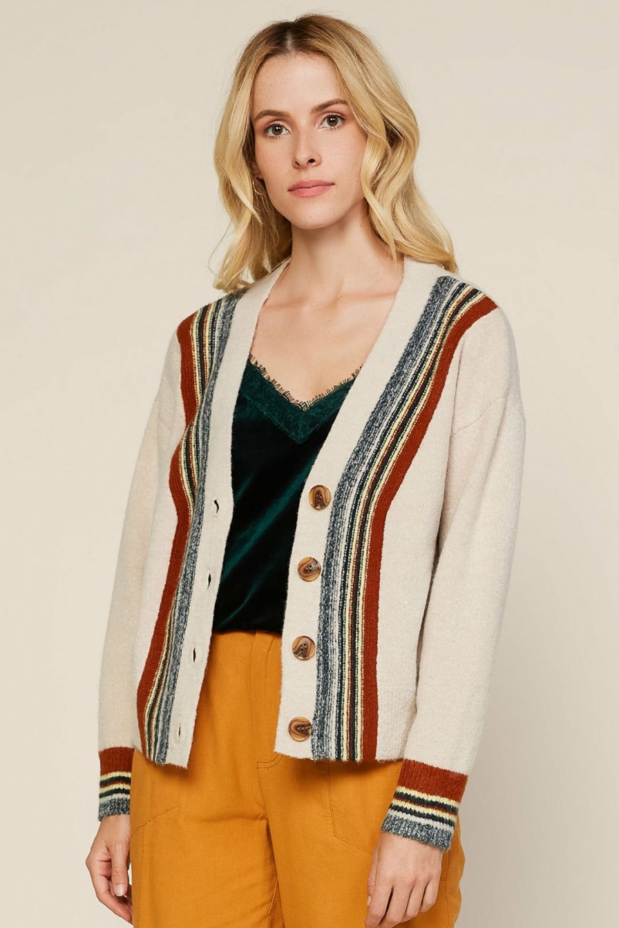 Clothing Skies Are Blue | Skies Are Blue Lena Multi Stripe Cardigan Oatmeal-Green