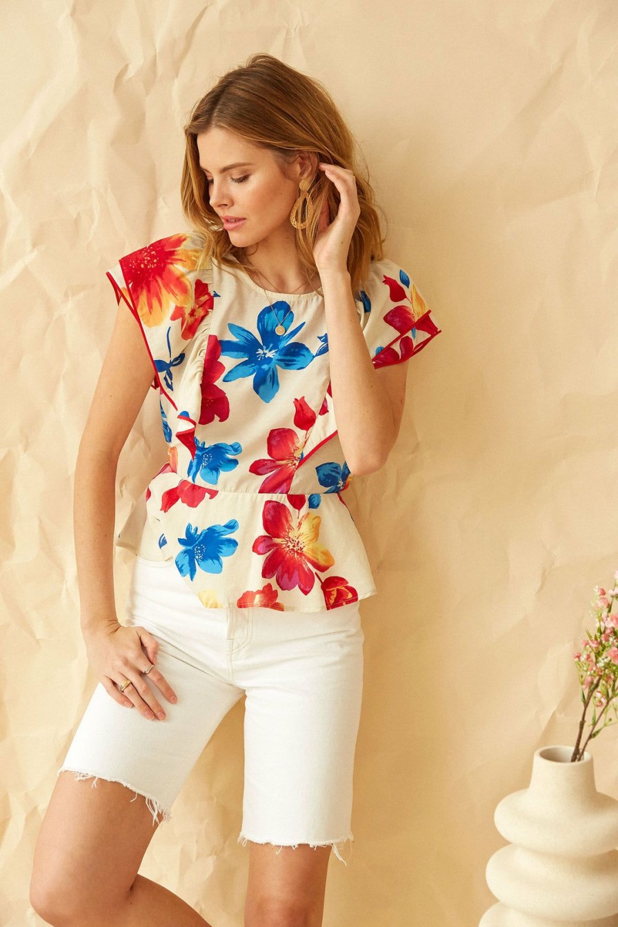 Clothing Skies Are Blue | Skies Are Blue Valery Floral Peplum Top Cream Red Floral